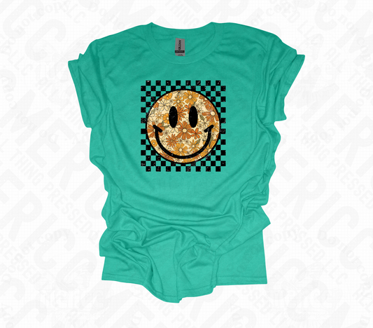 Floral Smiley Face Black Glitter Checkered DTF