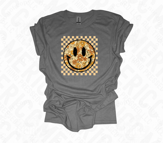 Floral Smiley Face Glitter Checkered Tee
