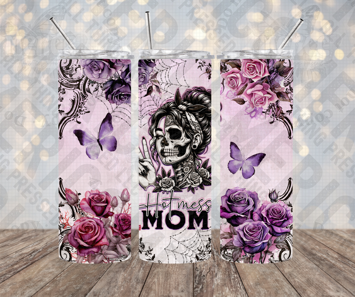 20oz | 30oz Pink & Purple Hot Mess Mom Skull Tumbler 0043