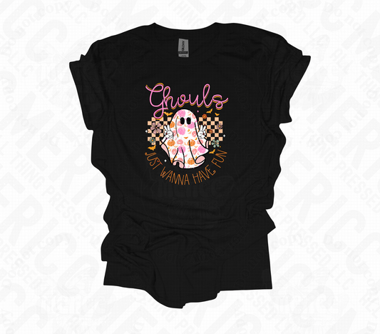 Ghouls Just Wanna Have Fun Peach Checkered DTF